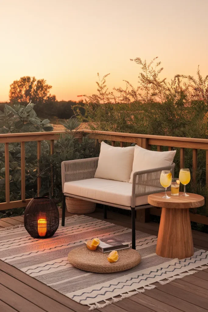 Deck furniture ideas using the One-Room Rule anchor seating, surface, lantern glow, and a layered rug