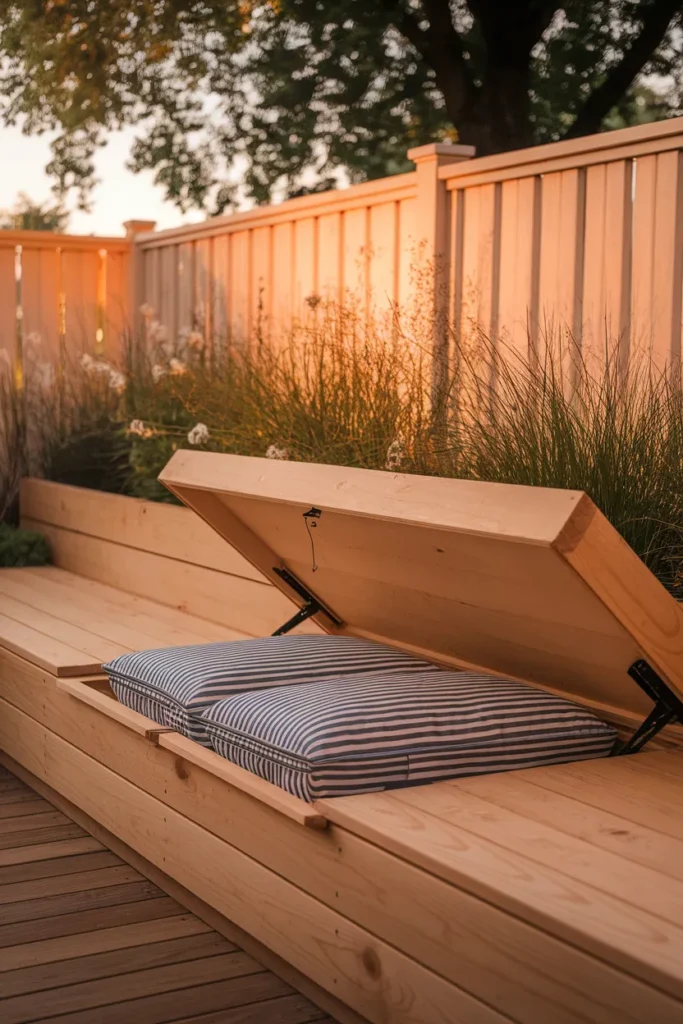 Deck ideas for small yards built in cedar bench with hidden cushion storage under the lid