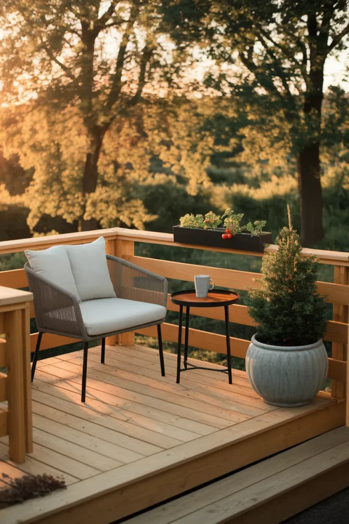 Deck ideas for small yards compact deck furnished with one loveseat and container plants