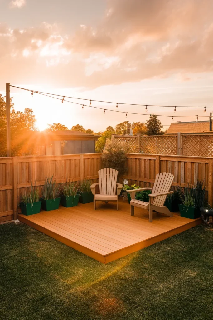 Deck ideas for small yards cozy 12x12 wood deck with string lights and Adirondack chairs at golden hour