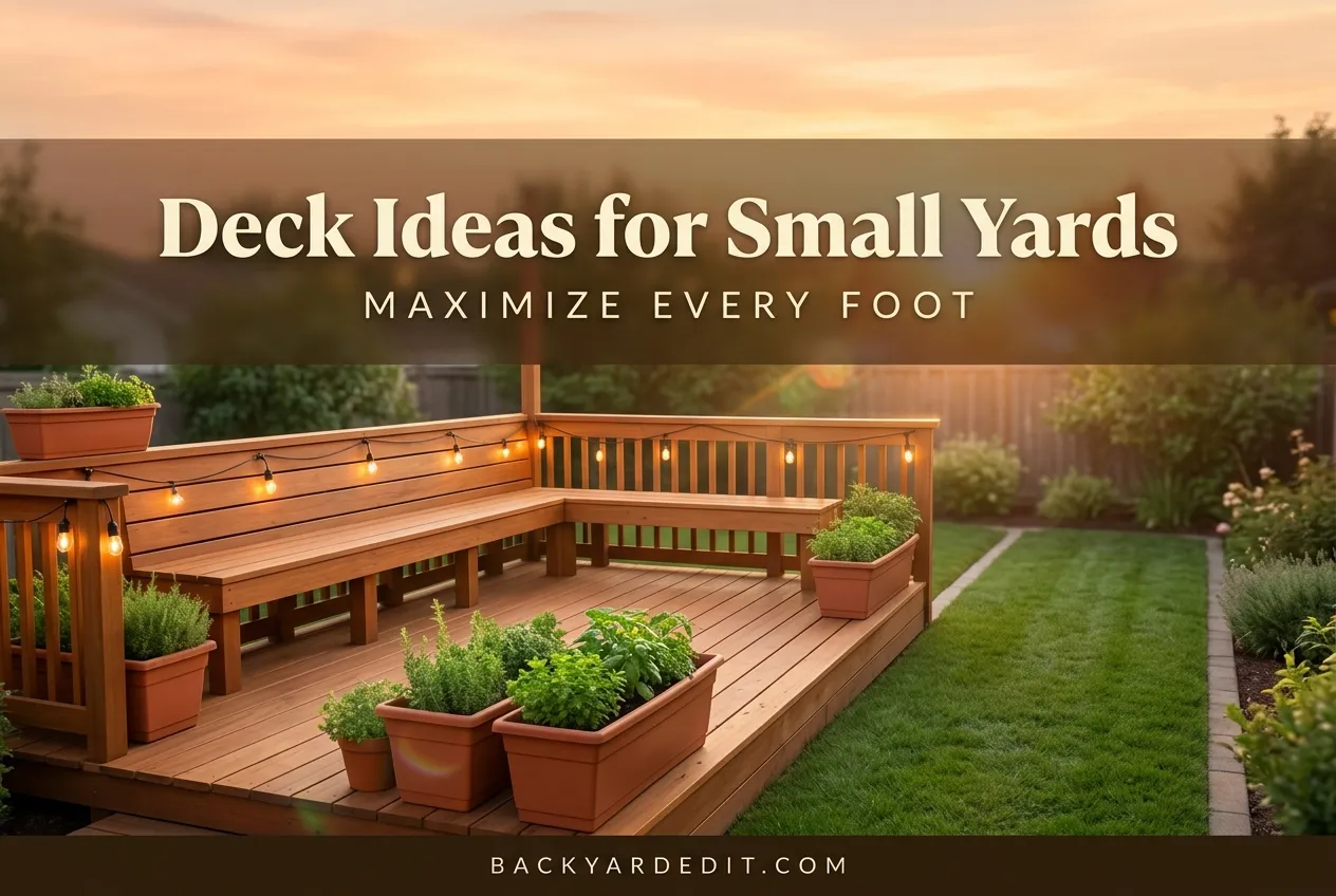 Deck ideas for small yards featured pin, cozy golden hour deck with bold overlay title text