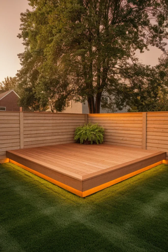 Deck ideas for small yards low floating deck with no railing beside a small green lawn
