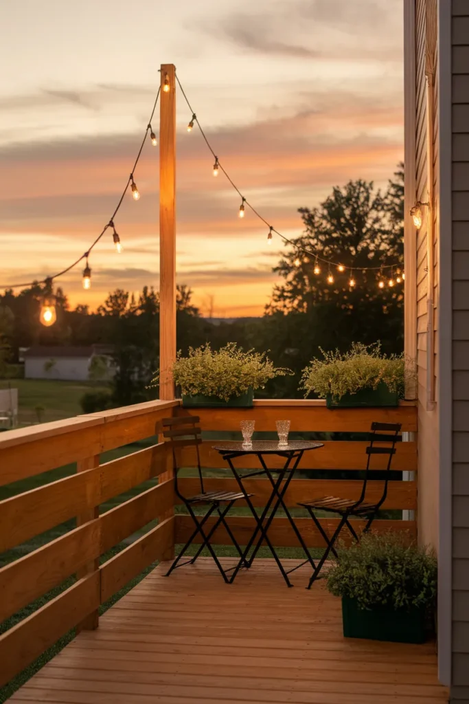 Deck ideas for small yards warm string lights glowing over a small bistro deck at dusk