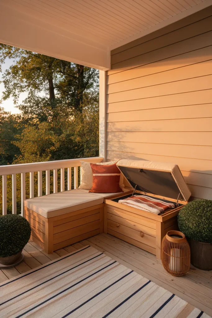 Deck ideas off back of house built-in corner bench with hidden storage under the seat