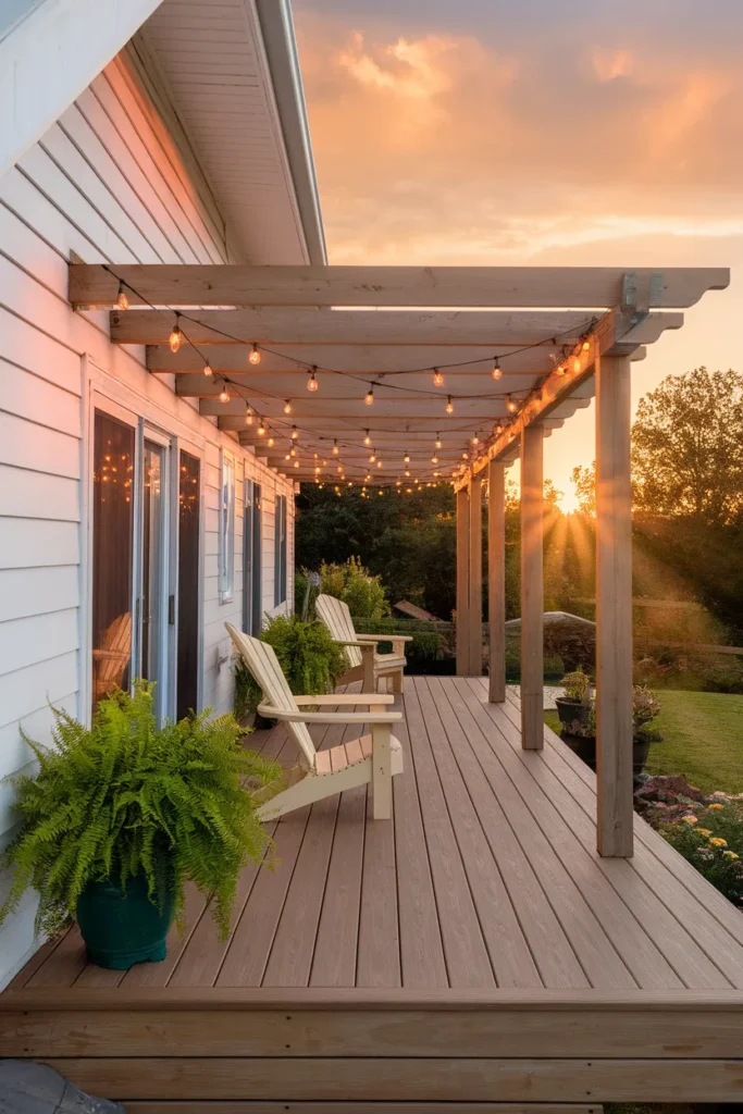 Deck ideas off back of house composite deck with pergola and string lights at golden hour