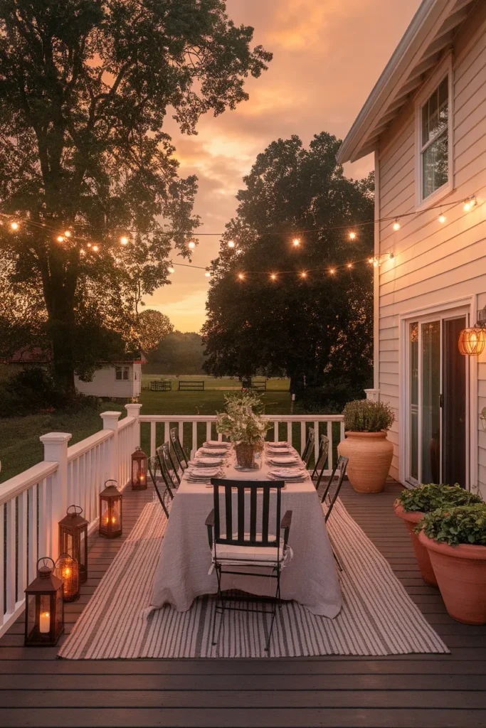 Deck ideas off back of house styled like an outdoor room with rug, planters, and lanterns
