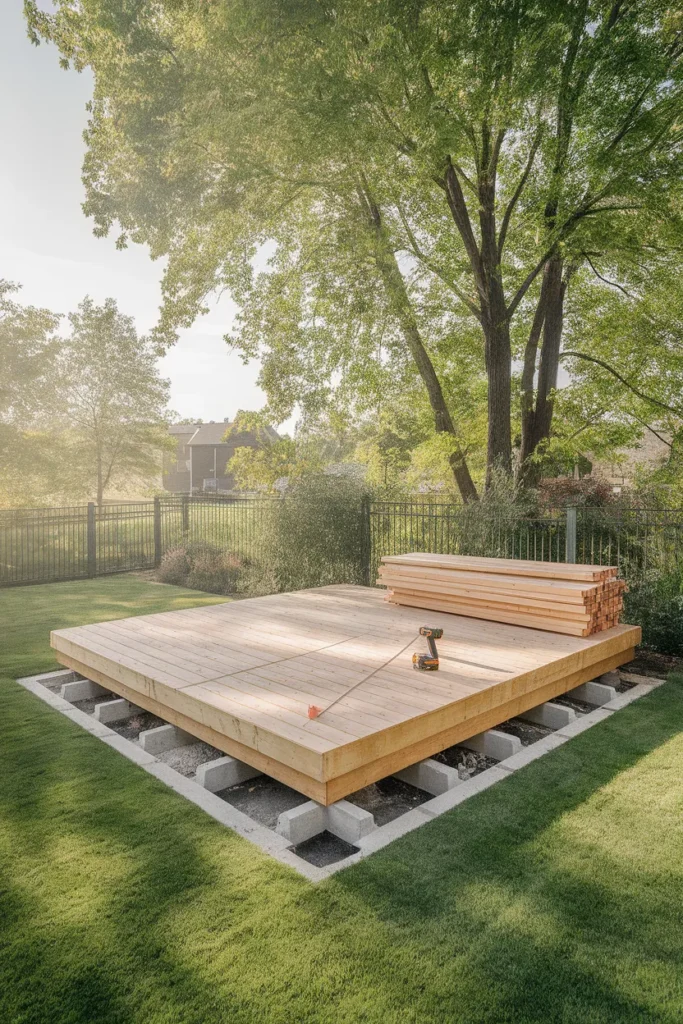 Deck ideas on a budget DIY floating ground level deck build on concrete blocks
