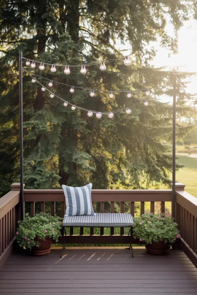 Deck ideas on a budget cafe string lights on a guide wire over a small stained deck