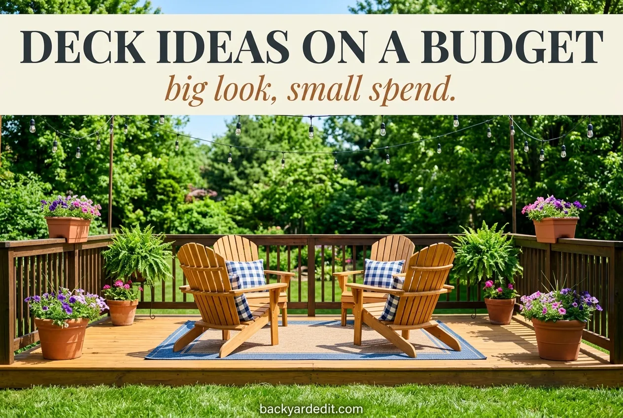 Deck ideas on a budget featured pin, budget deck makeover with bold overlay title text