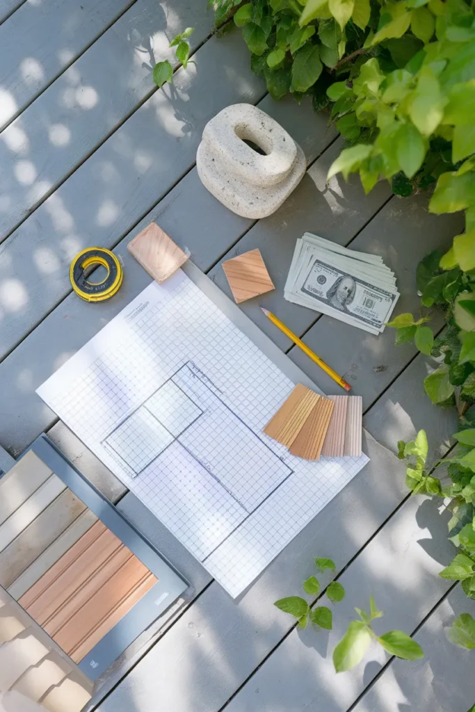 Deck ideas on a budget planning flat lay with layout sketch, stain chips, and tape measure