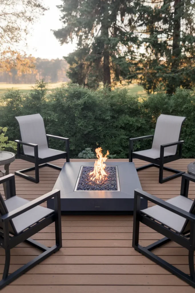 Deck ideas on a budget propane fire table with a clear safety zone on composite deck