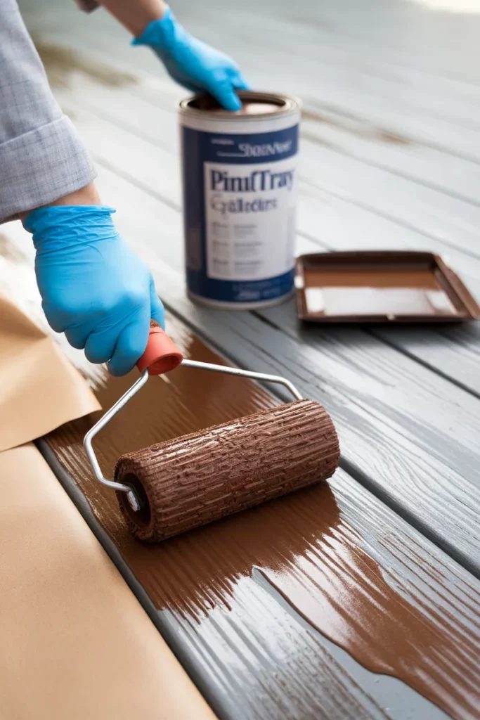 Deck ideas on a budget rolling solid color stain onto faded pine deck boards