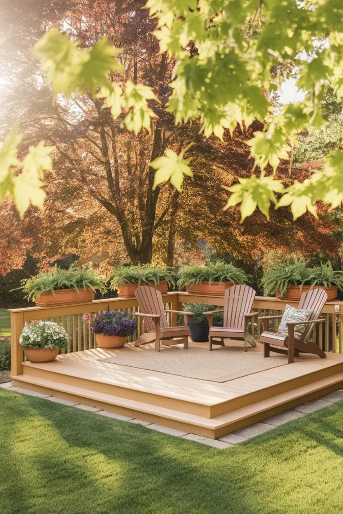 Deck ideas on a budget stained backyard deck with Adirondack chairs, outdoor rug, and potted ferns