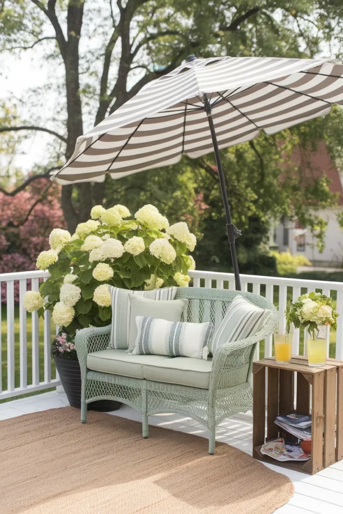 Deck ideas on a budget thrifted painted wicker seating with umbrella and outdoor rug