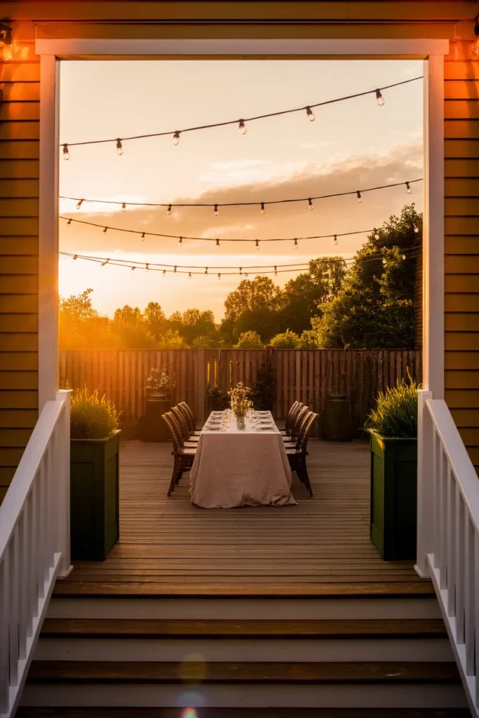 Deck off back of house at dusk under a string light canopy with the table set for dinner