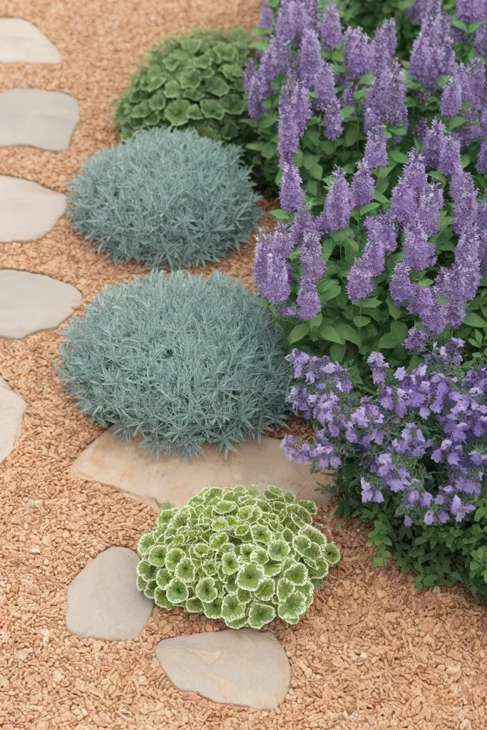 Drought tolerant plants for front yard rock landscaping including fescue and catmint