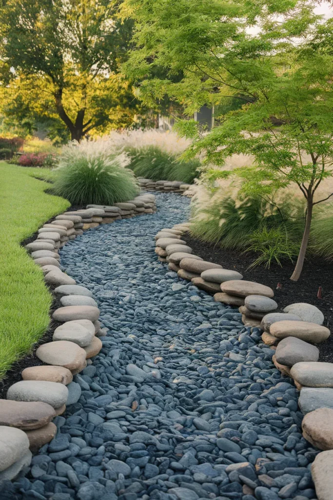 Dry creek bed front yard landscaping with rocks and ornamental grasse
