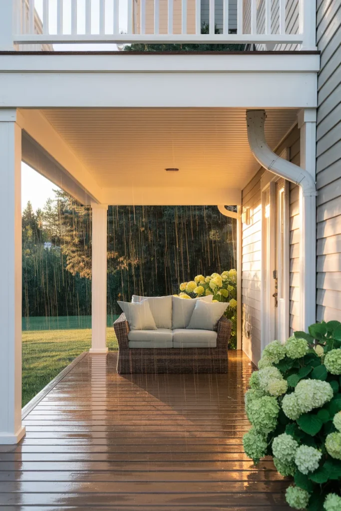 Enclosed under deck ideas with a white drainage ceiling keeping a seating area dry in rain