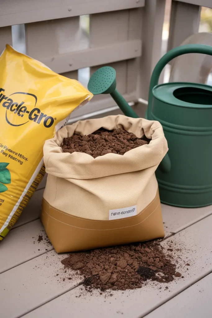 Fabric grow bag and potting mix for a beginner balcony vegetable garden