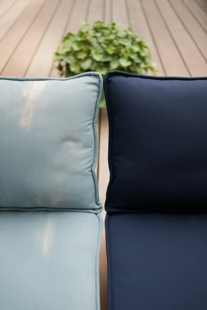 Faded outdoor cushion next to a vivid one showing sun damage over time