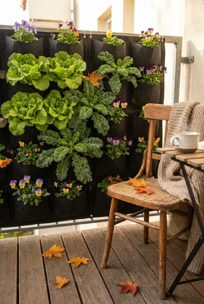Fall vertical balcony garden with lettuce, kale, and pansies in wall pockets