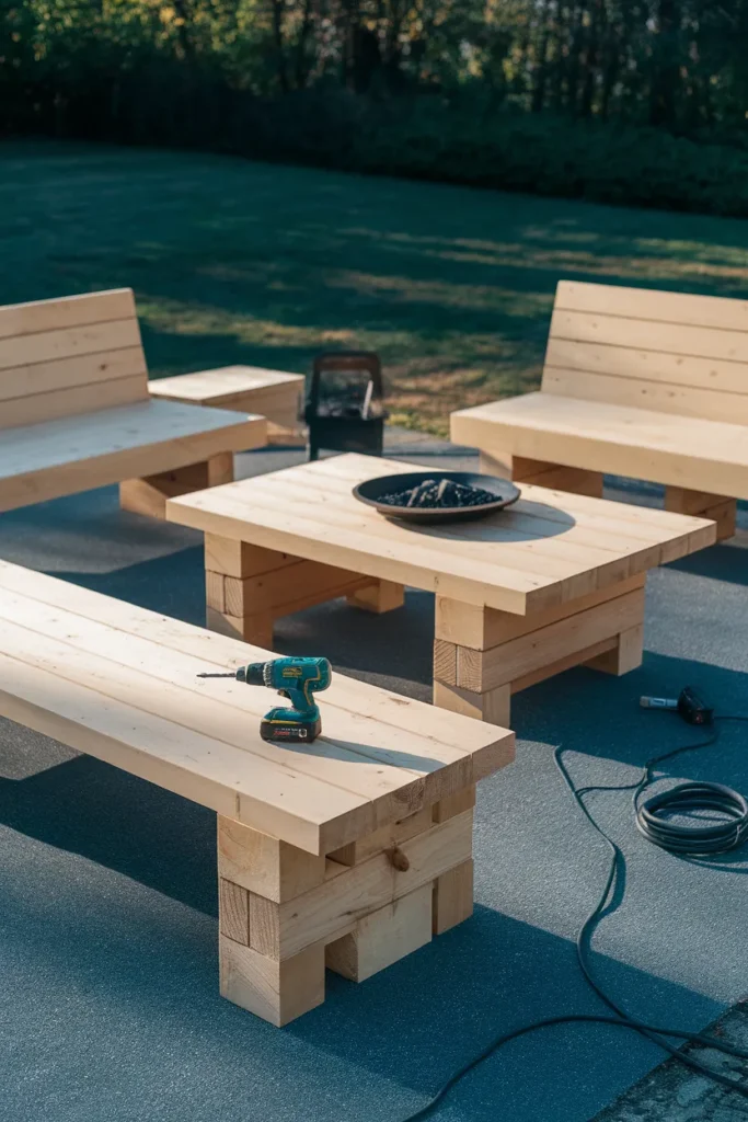 Finished DIY outdoor furniture patio set with bench, table, and sofa around a fire bowl