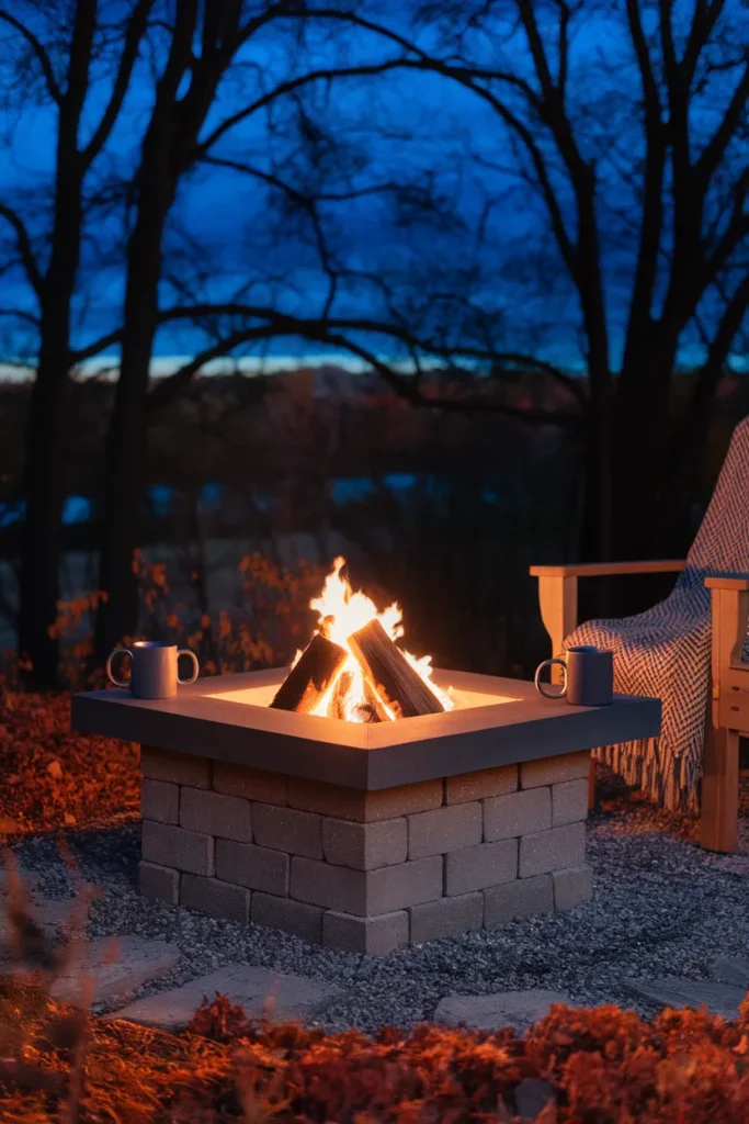 Finished cinder block fire pit glowing on a cool fall evening with blankets and mugs