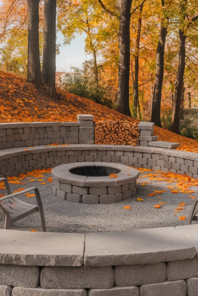 Finished fire pit on sloped yard terrace ready for fall use