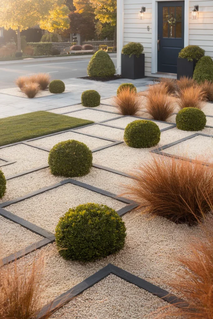Finished low maintenance front yard landscaping ideas seen from the street in early fall