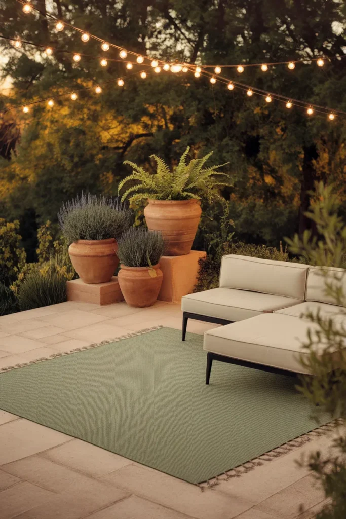 Finished outdoor furniture layout with rug, string lights, and clustered pots at dusk