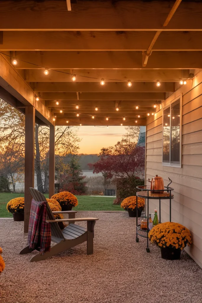 Finished under deck retreat glowing with string lights on an early fall evening
