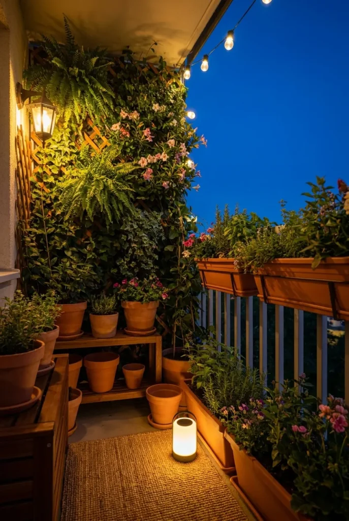 Finished vertical balcony garden glowing with string lights at blue hour