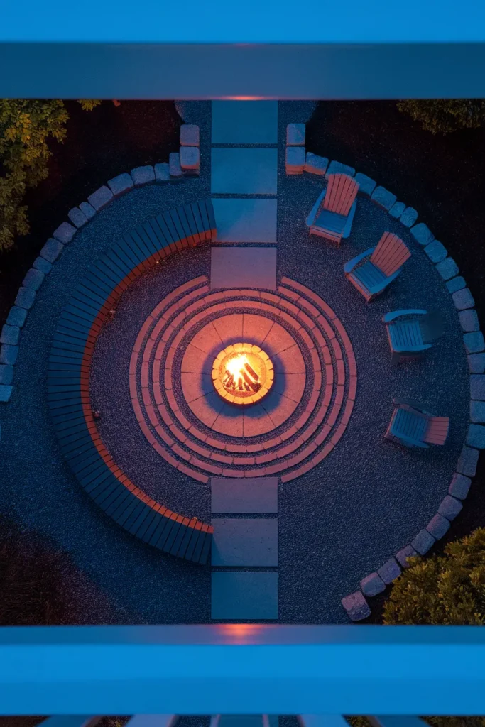 Fire pit bench layout seen from above showing seating and walkway spacing rings