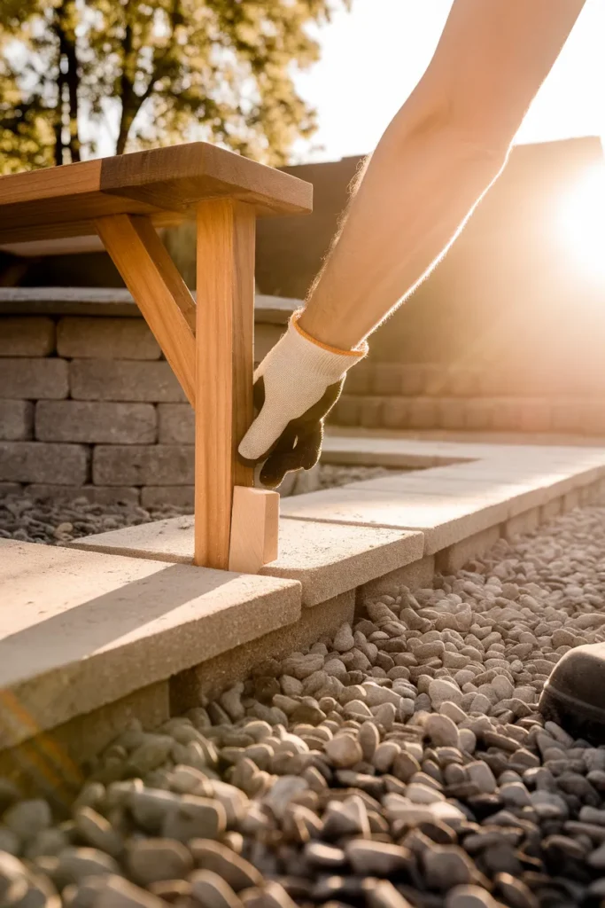 Fire pit bench leg set on a paver and gravel base to prevent rot