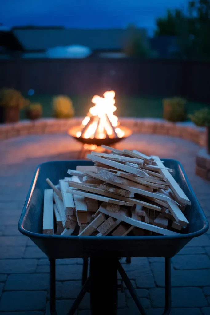 Fire pit bench lumber offcuts set aside in a wheelbarrow away from the fire