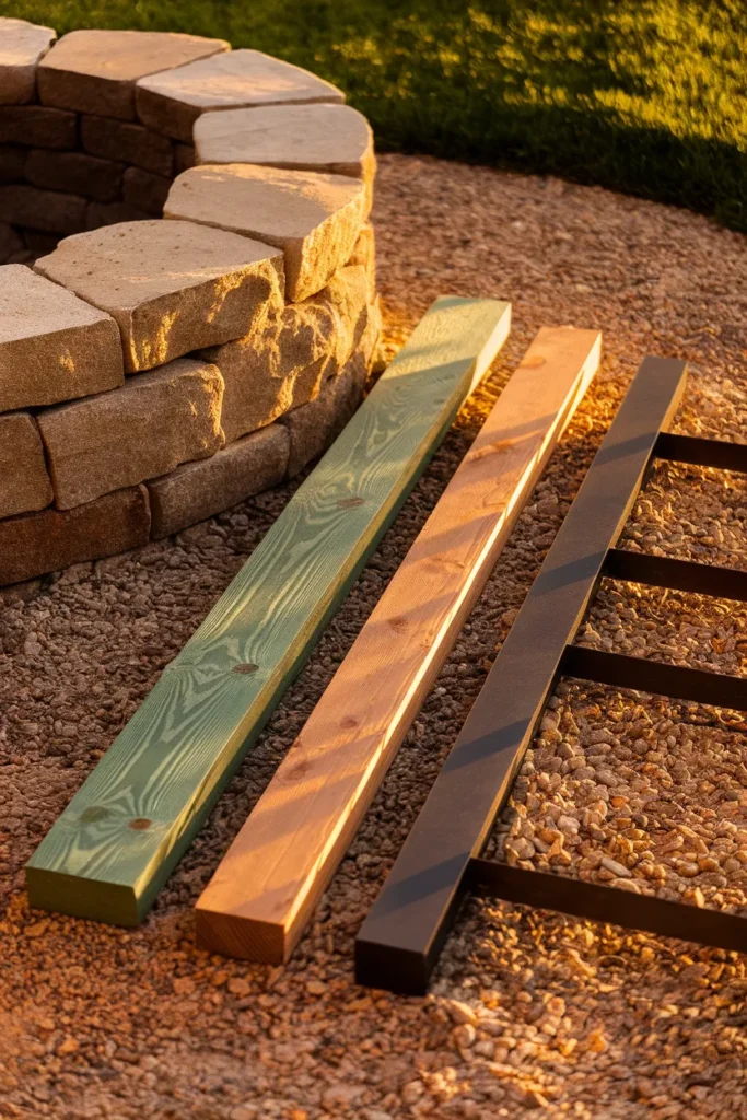 Fire pit bench material comparison showing treated pine, cedar and steel