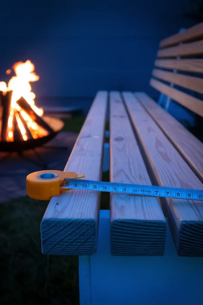Fire pit bench seat height measured at seventeen inches beside a lit fire