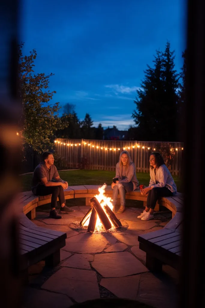 Fire pit bench seating filled with guests around a glowing backyard fire at dusk