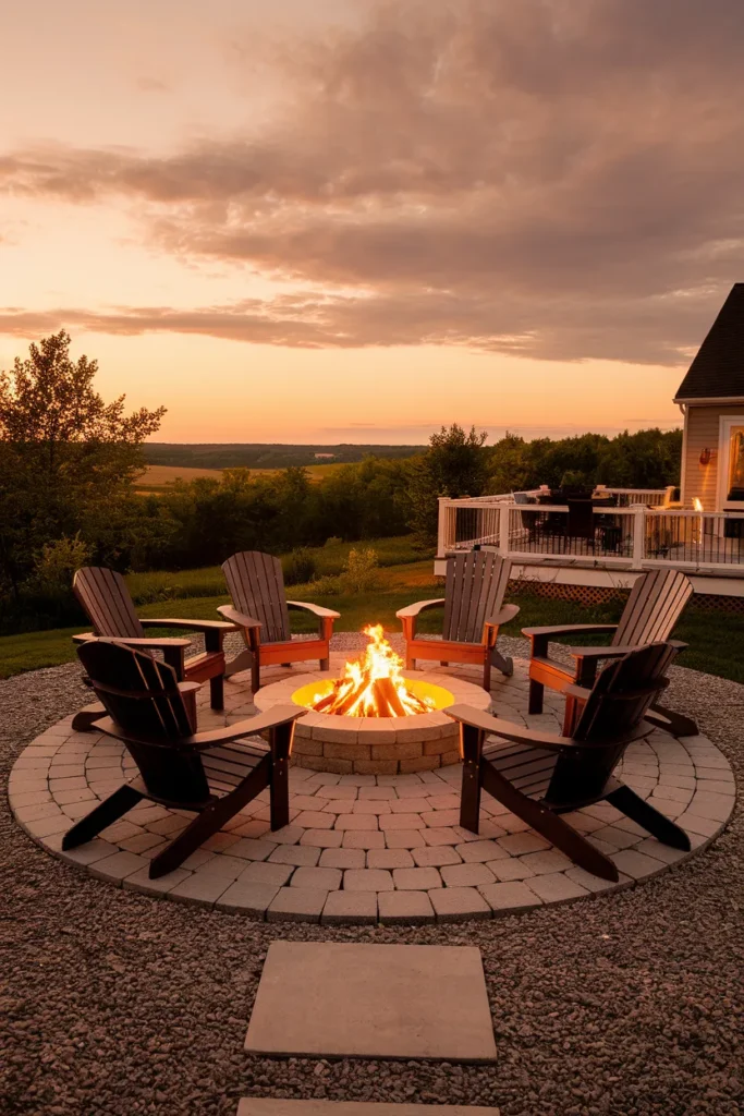 Fire pit landing beside a deck off back of house, flames safely on a stone pad at dusk