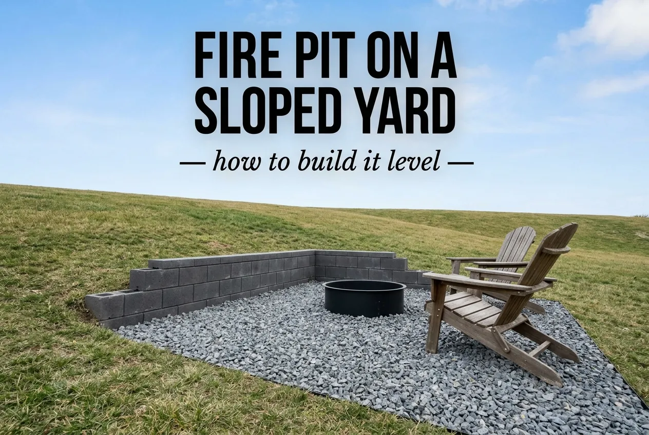 Fire pit on sloped yard with a level gravel pad and low block retaining wall