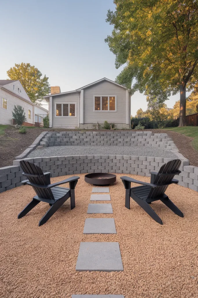 Fire pit on sloped yard with gravel pad cut into the grade and low block wall