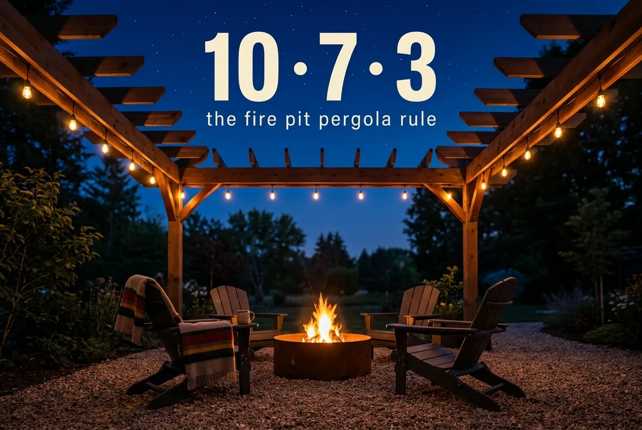 Fire pit pergola featured pin, cedar pergola and glowing fire pit at blue hour with bold overlay title