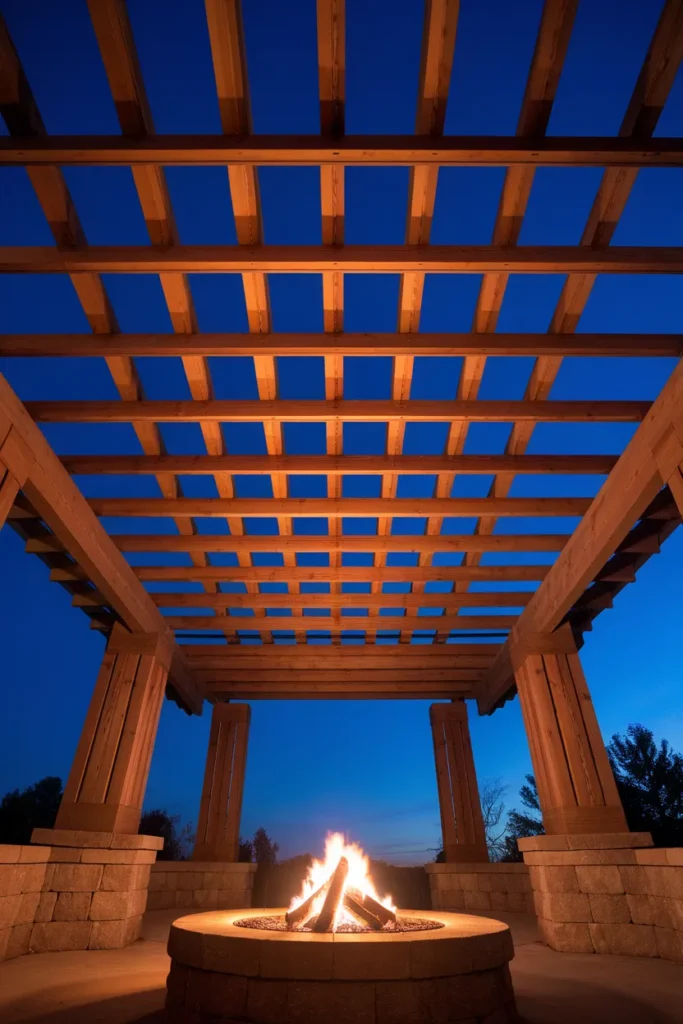 Fire pit pergola with tall clearance showing generous space between flames and cedar beams