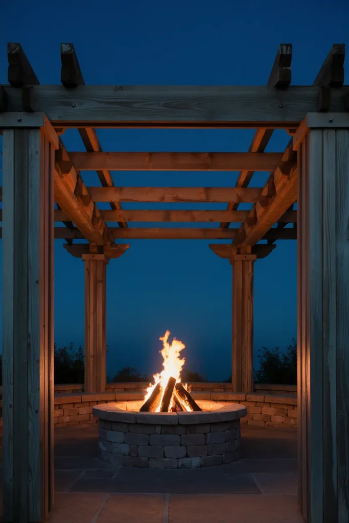 Fire pit under pergola positioned at the open edge so smoke and embers rise into clear sky