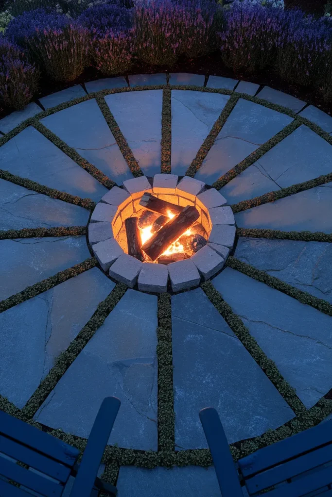 Flagstone apron with thyme filled joints surrounding a glowing stone fire pit at twilight