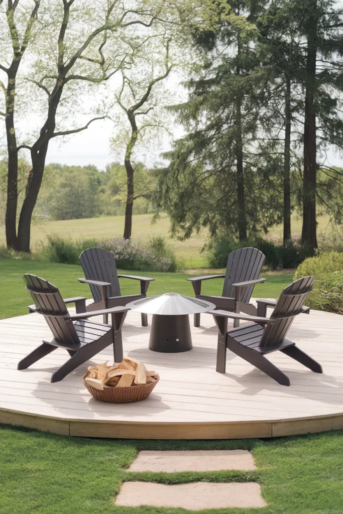 Floating deck with fire pit smokeless pit on a heat shield stand ringed by chairs