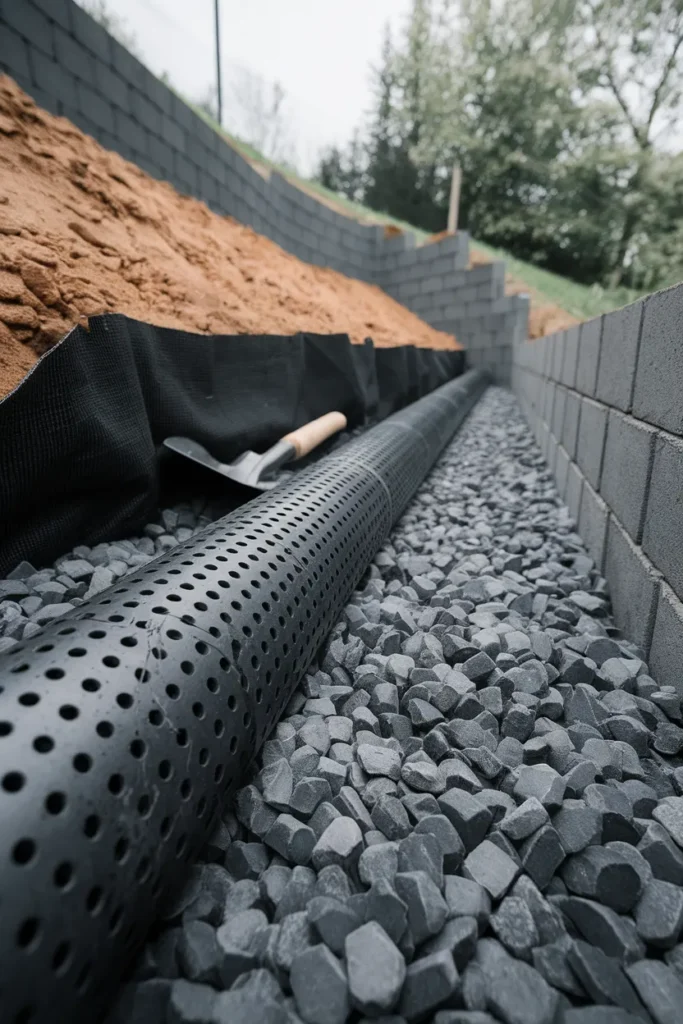 French drain pipe behind a retaining wall for a fire pit on sloped yard