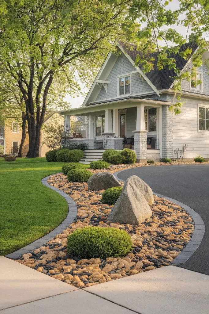Front yard landscaping ideas with rocks curved river rock bed with boulders and blue fescue