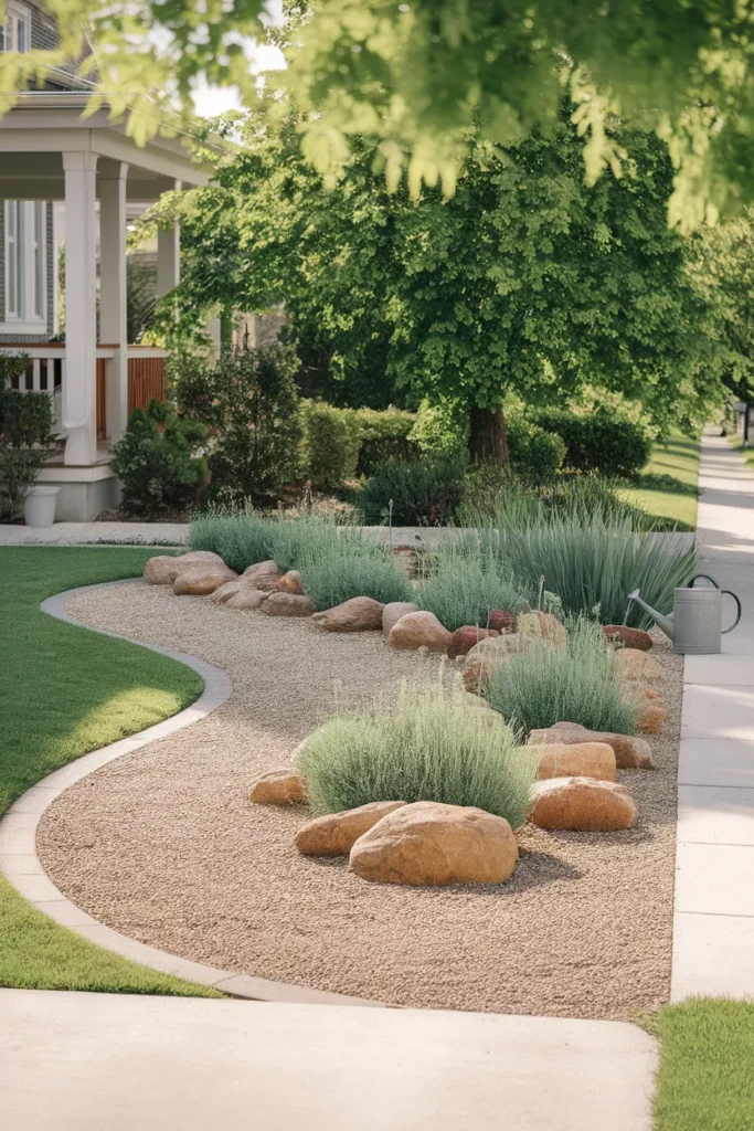 Front yard landscaping ideas with rocks replacing lawn for a water-smart yard