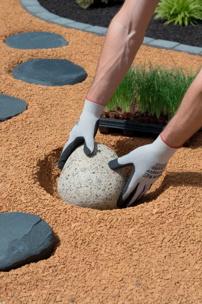 Front yard landscaping with rocks setting a granite boulder into decomposed granite base